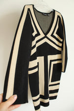 Nina Leonard Black and Tan Geometric Patterned Knit Dress | L
