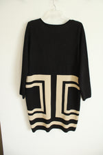 Nina Leonard Black and Tan Geometric Patterned Knit Dress | L