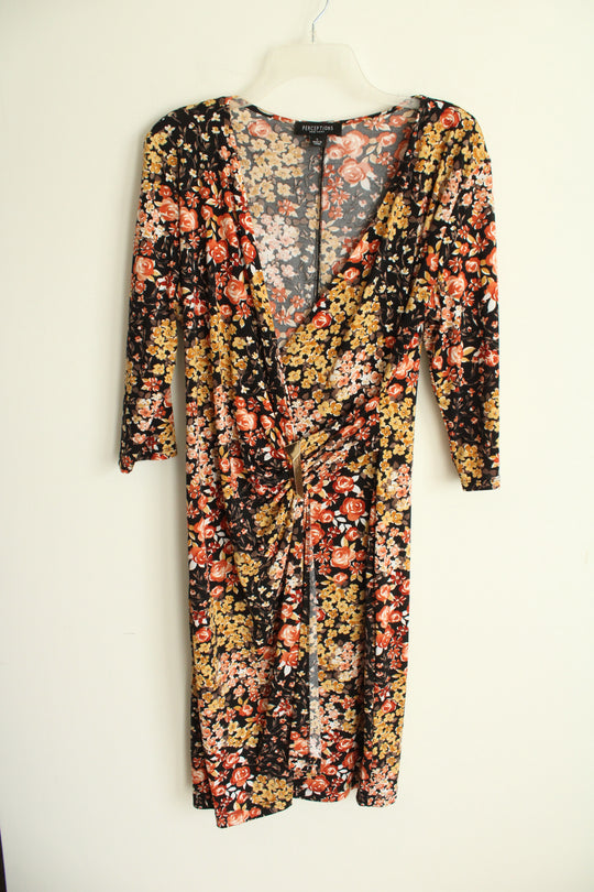 Perceptions New York Midi Black and Orange Floral Print With Faux-wrap Dress | L