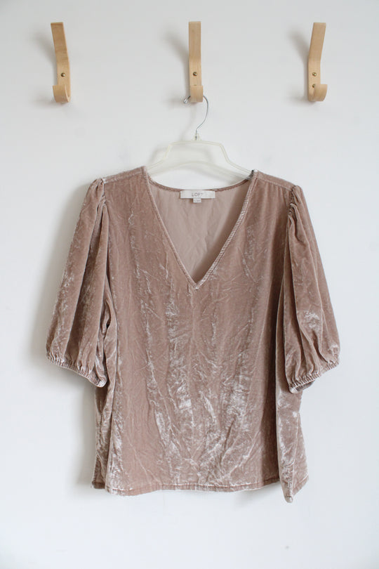 LOFT Taupe Crushed Velvet V-Neck Top | XL