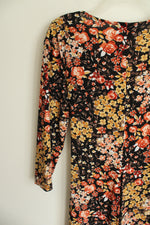 Perceptions New York Midi Black and Orange Floral Print With Faux-wrap Dress | L
