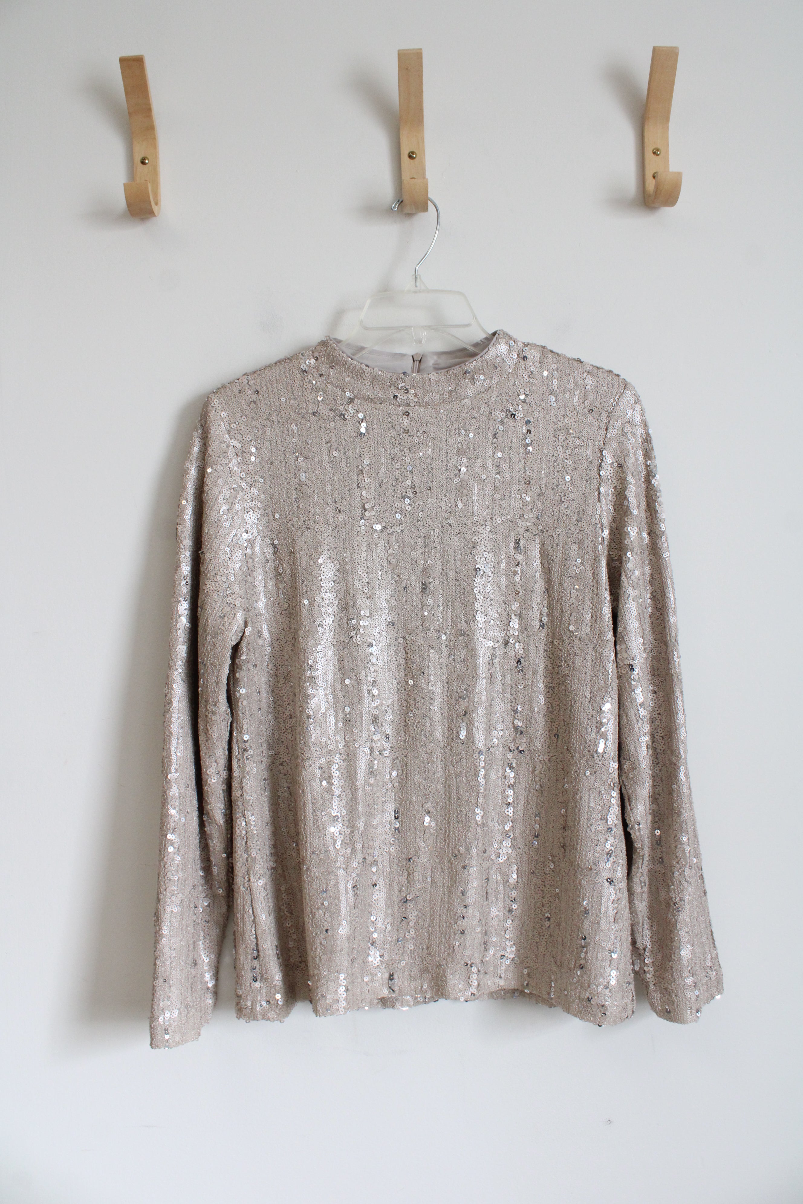 Chico's Champagne Sequined Long Sleeved Top | 1 (M)