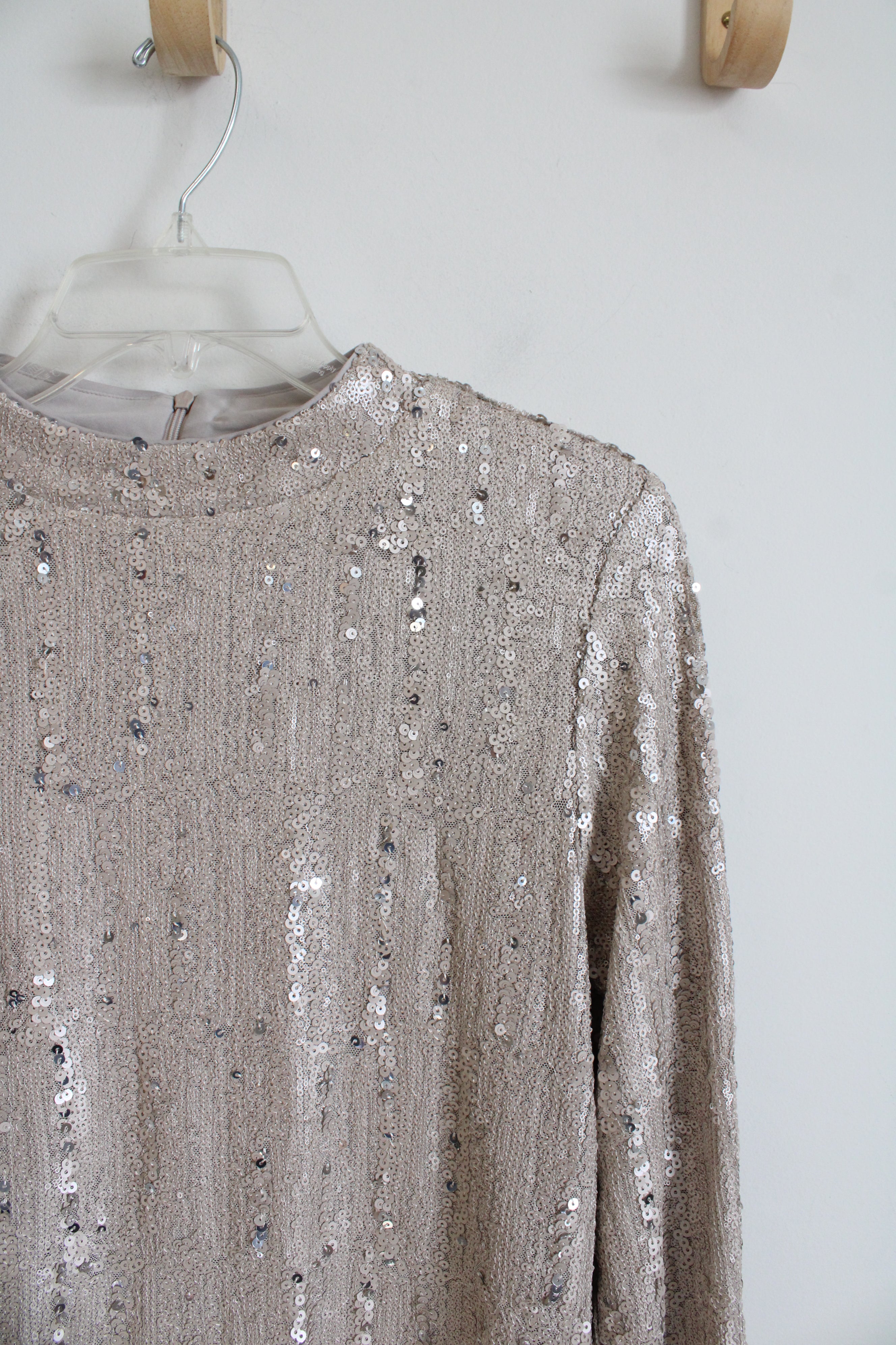 Chico's Champagne Sequined Long Sleeved Top | 1 (M)