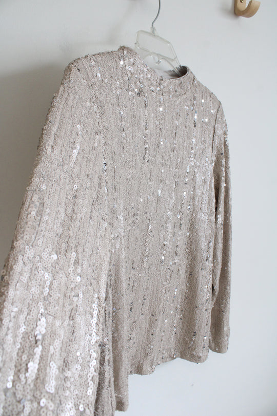 Chico's Champagne Sequined Long Sleeved Top | 1 (M)