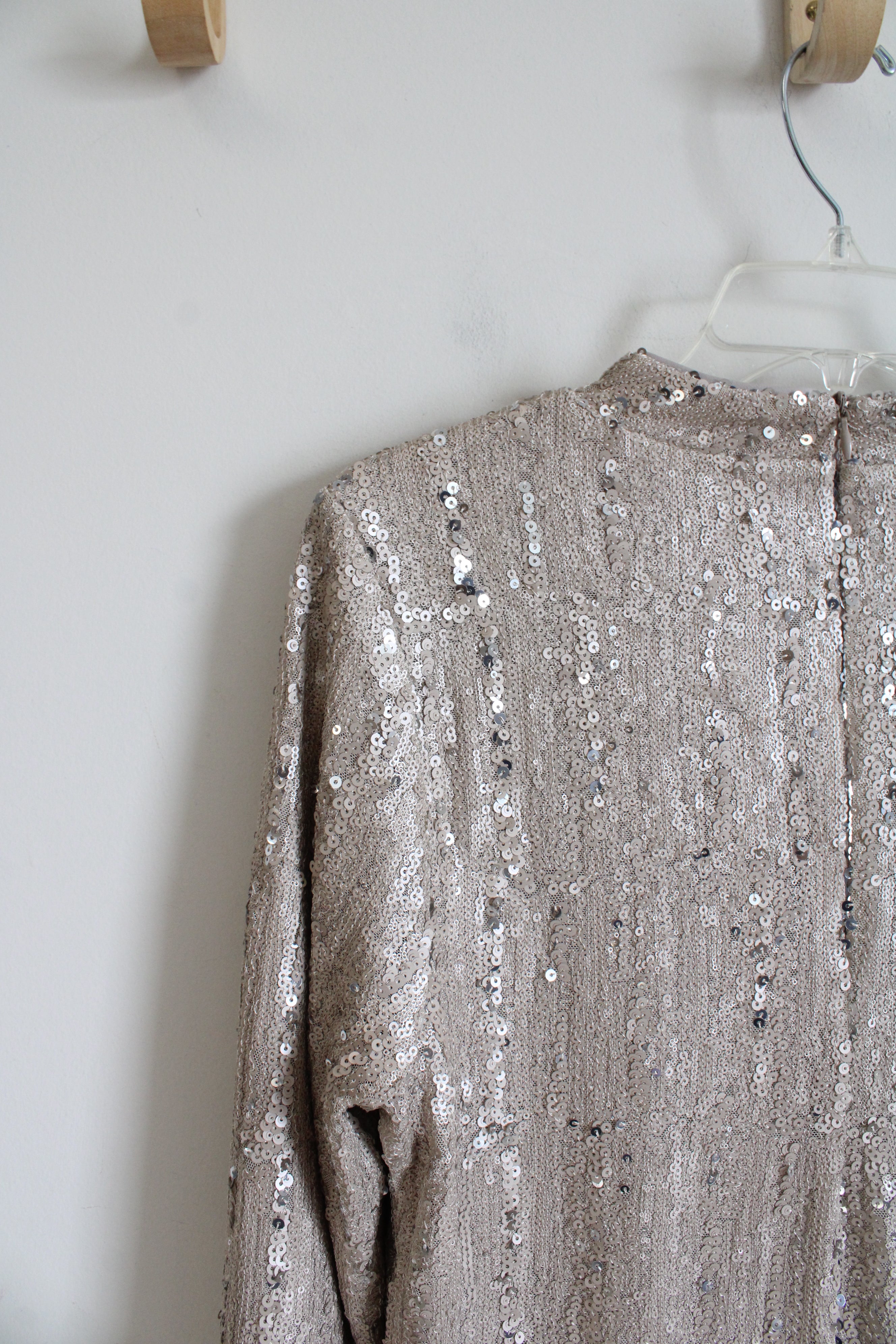 Chico's Champagne Sequined Long Sleeved Top | 1 (M)