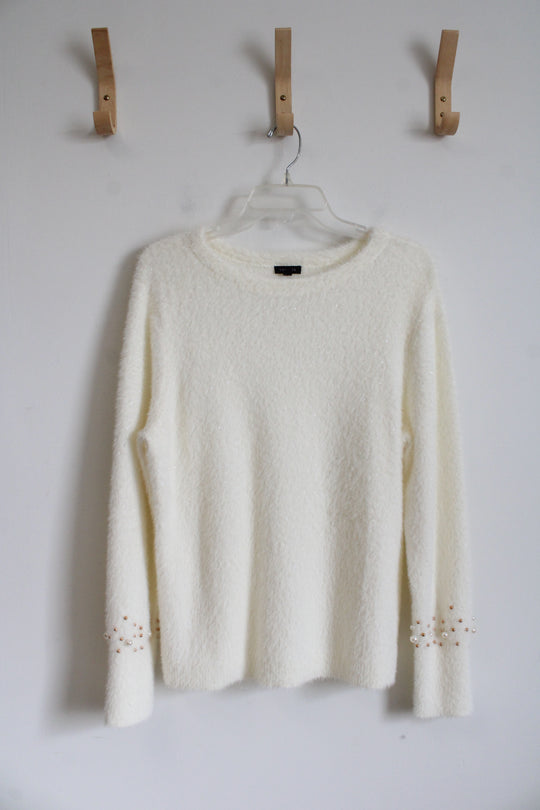 Talbots Cream Fuzzy Sequined Sweater | L