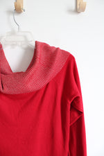 Questions? Red Gold Shimmer Cowl Neck Sweater | L