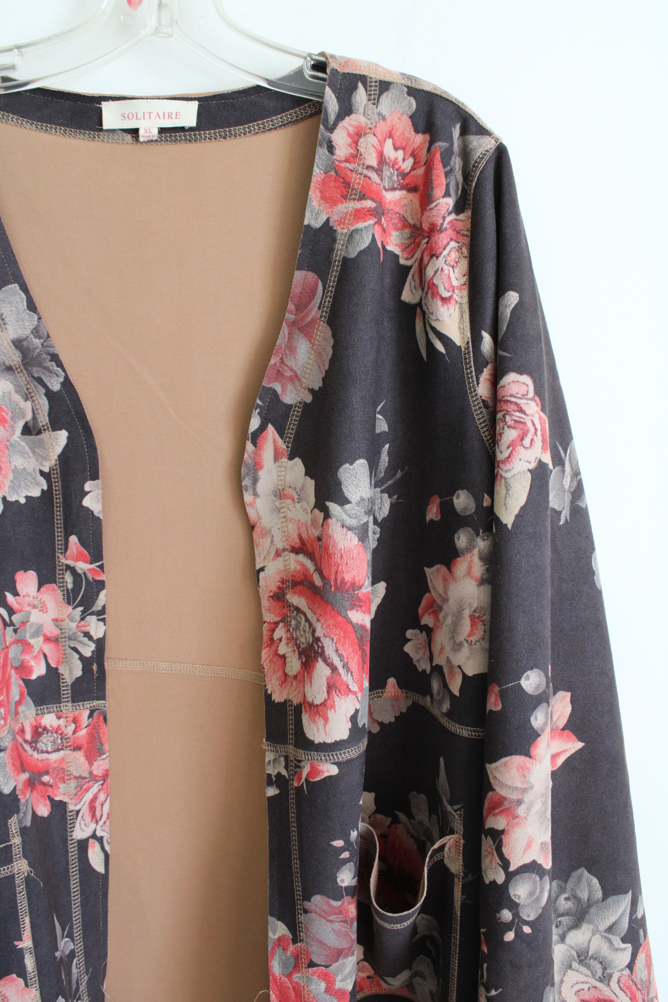Solitaire Sueded Gray Floral Long Cardigan | XL