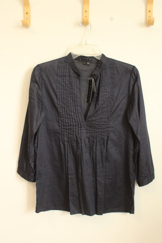 NEW Theory Navy Cotton Pleated 3Q Sleeve Tunic | S