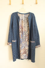 Chico's Blue Cardigan with Printed Pocket and Sleeve Trim | L