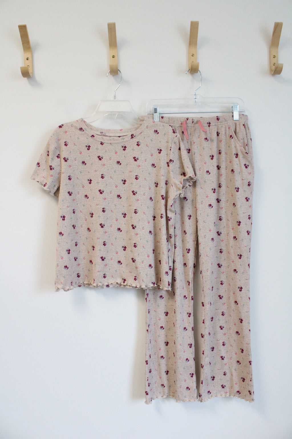 Wonder Nation Tan & Purple Flower Ribbed Shirt & Pants | Youth XL (14/16)