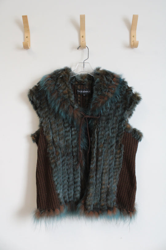 Dana Stein Talk Of The Walk Brown & Blue Rabbit Fur Vest | L