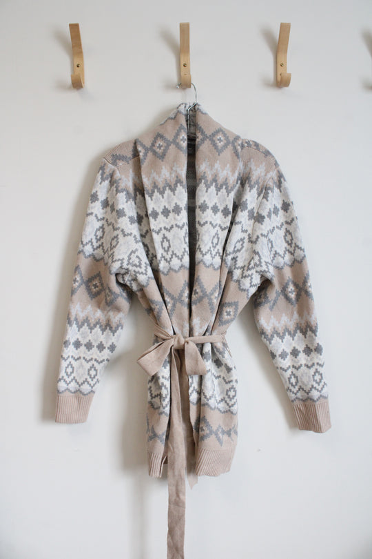 Martha Stewart Gray Tan & White Patterned Belted Cardigan | XXXL