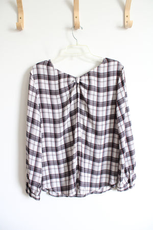 LOFT Gray Black & Red Plaid Long Sleeved Top | M