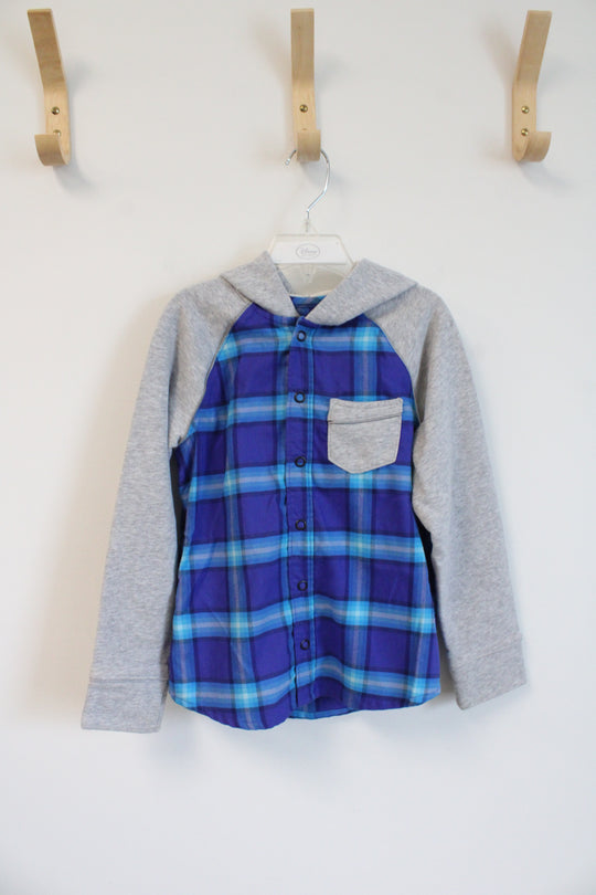 L.L. Bean Blue Plaid & Gray Button Down Hoodie | Youth 5/6