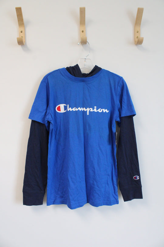 NEW Champion Two-Toned Blue Hooded Long Sleeved Shirt | Youth M
