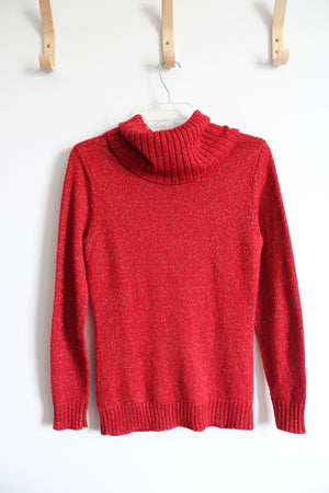 New York & Company Red Silver Shimmer Cable Knit Cowl Neck Sweater | S