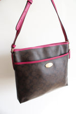 Coach Signature Brown & Pink Trimmed File Crossbody Bag