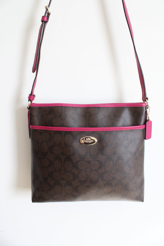 Coach Signature Brown & Pink Trimmed File Crossbody Bag