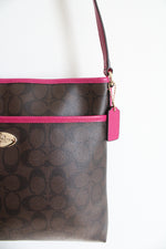 Coach Signature Brown & Pink Trimmed File Crossbody Bag