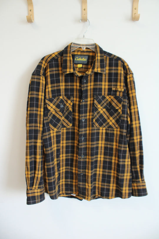 Cabela's Yellow & Black Plaid Heavy Flannel Button Down Shirt | XL