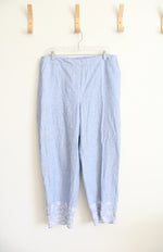 Chico's Elastic Waist Blue & White Striped Embroidered Hem Linen Blend Pants | 2