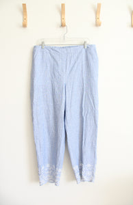Chico's Elastic Waist Blue & White Striped Embroidered Hem Linen Blend Pants | 2