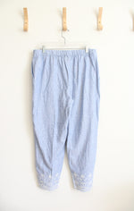 Chico's Elastic Waist Blue & White Striped Embroidered Hem Linen Blend Pants | 2