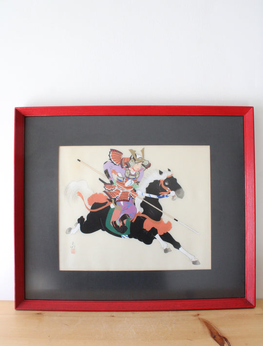 Vintage Japanese Samurai On Horseback Silk Painting | 25X21"