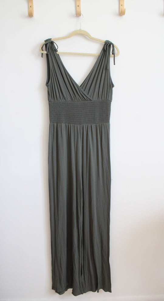 Olive Green Ruched Waist Jumpsuit | L