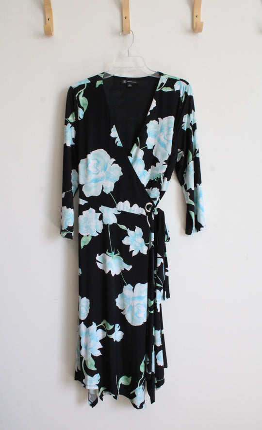 International Concepts Black & Blue Floral Wrap Midi Dress | M