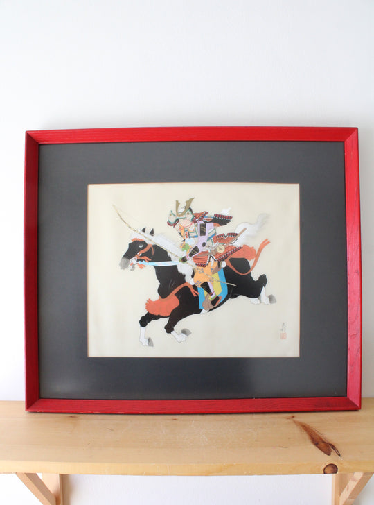 Vintage Japanese Samurai On Horseback Silk Painting | 25X21"