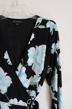 International Concepts Black & Blue Floral Wrap Midi Dress | M