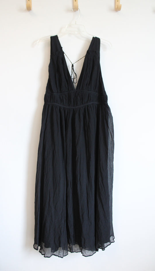 NEW Banana Republic Black Deep V-Neck & Back Silk Blend Maxi Dress | L
