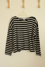 Ann Taylor Weekend Black and White Cotton Heavy Striped LS Top | XL