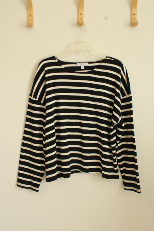 Ann Taylor Weekend Black and White Cotton Heavy Striped LS Top | XL