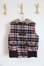 Old Navy Navy Red & White Plaid Wool Blend Fur Trim Hooded Vest | M
