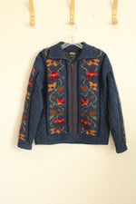 Icelandic Design Blue Floral Zip-up Felted Wool Sweater | S