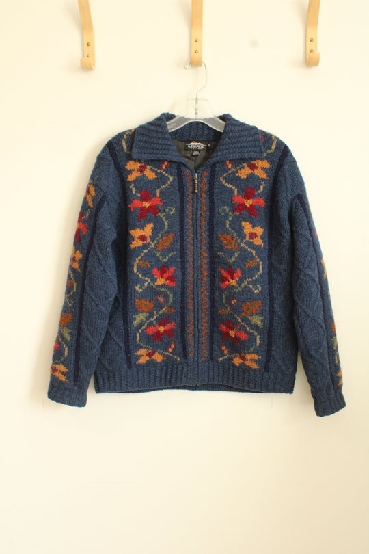 Icelandic Design Blue Floral Zip-up Felted Wool Sweater | S