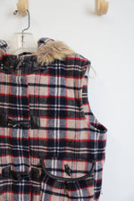 Old Navy Navy Red & White Plaid Wool Blend Fur Trim Hooded Vest | M