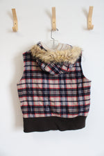 Old Navy Navy Red & White Plaid Wool Blend Fur Trim Hooded Vest | M