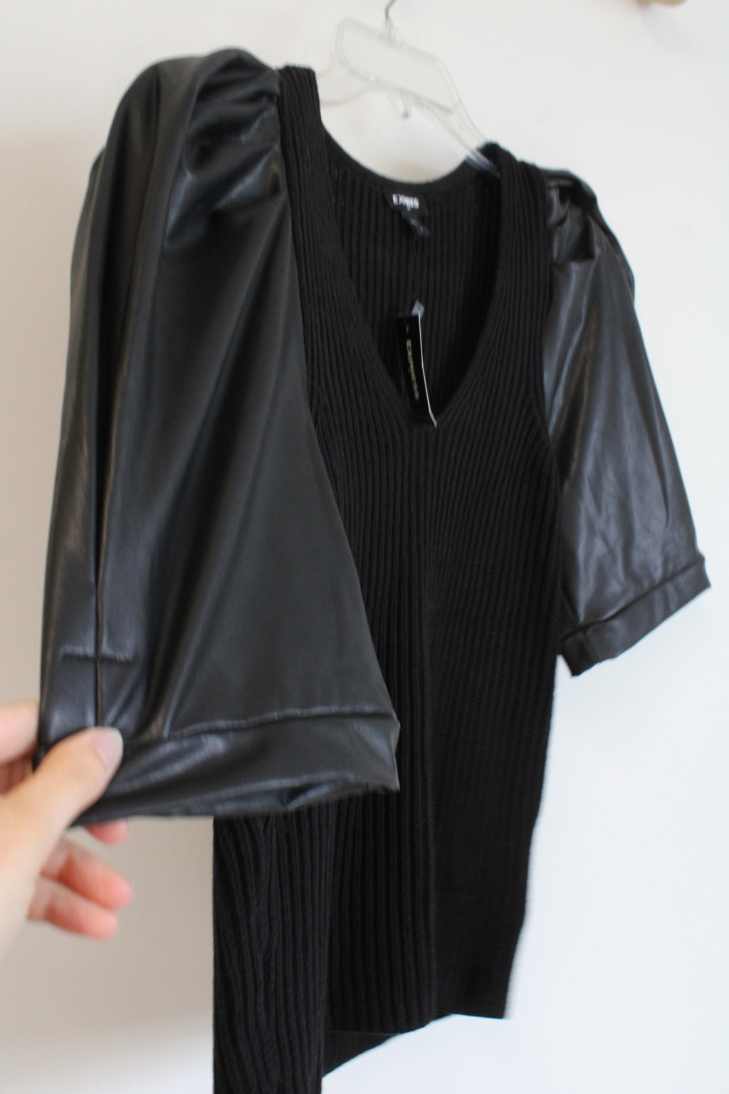 NEW Express Black Knit Vegan Leather Puff Sleeved Top | S