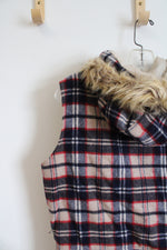 Old Navy Navy Red & White Plaid Wool Blend Fur Trim Hooded Vest | M