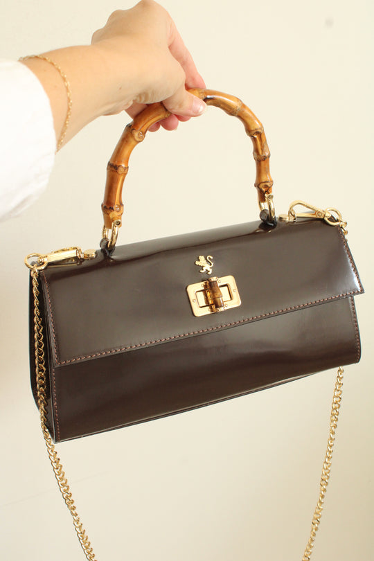 Pratesi Firenze Patent Leather Brown Bamboo Handle Purse