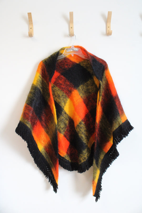 Vintage House Van Leeuwen Orange Yellow & Black Plaid Wool Blend Shawl | One Size
