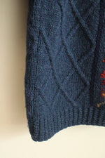 Icelandic Design Blue Floral Zip-up Felted Wool Sweater | S