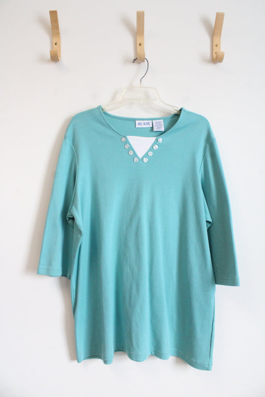 Blair Teal Blue Buttoned Neckline Top | XL