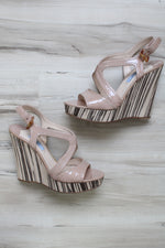 Prada Milano Patent Leather Nude Slingback Wedge Heels | Size 37.5