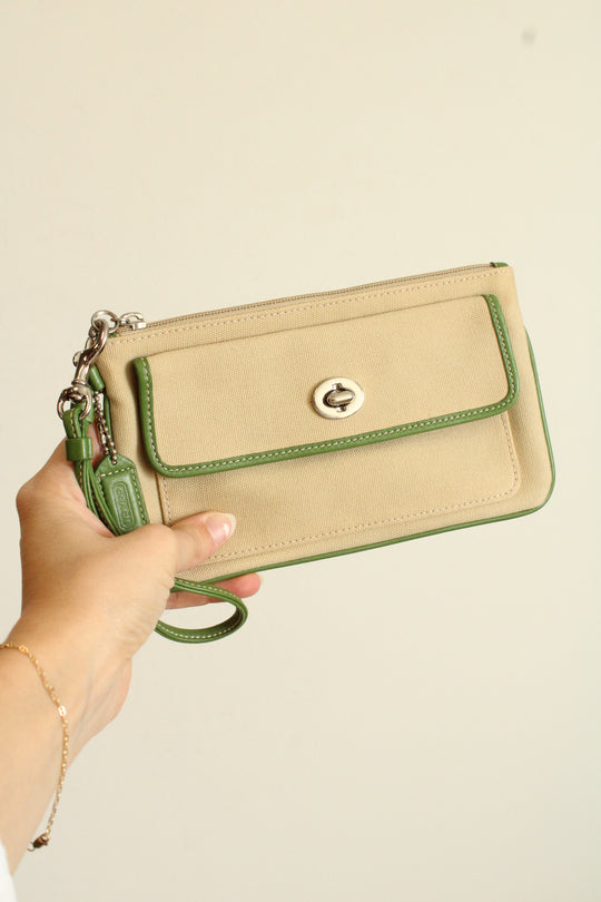 Coach Green & Tan Wristlet Pouch
