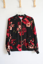 Susan Graver Black & Red Floral Full Zip Jacket | XS